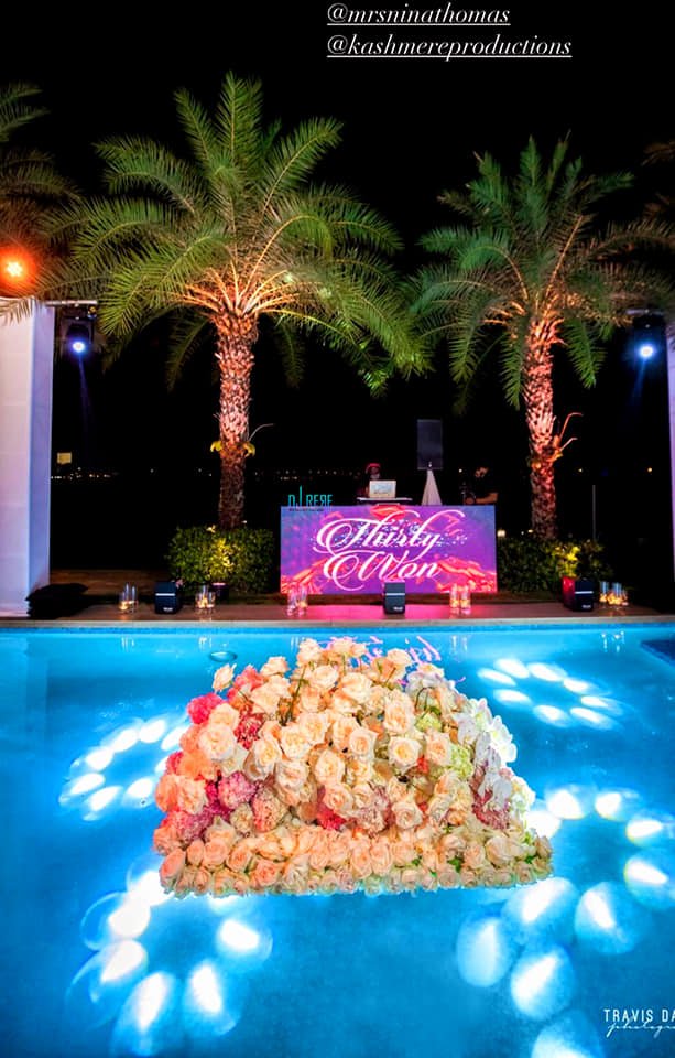 Waterfront pool event at night
